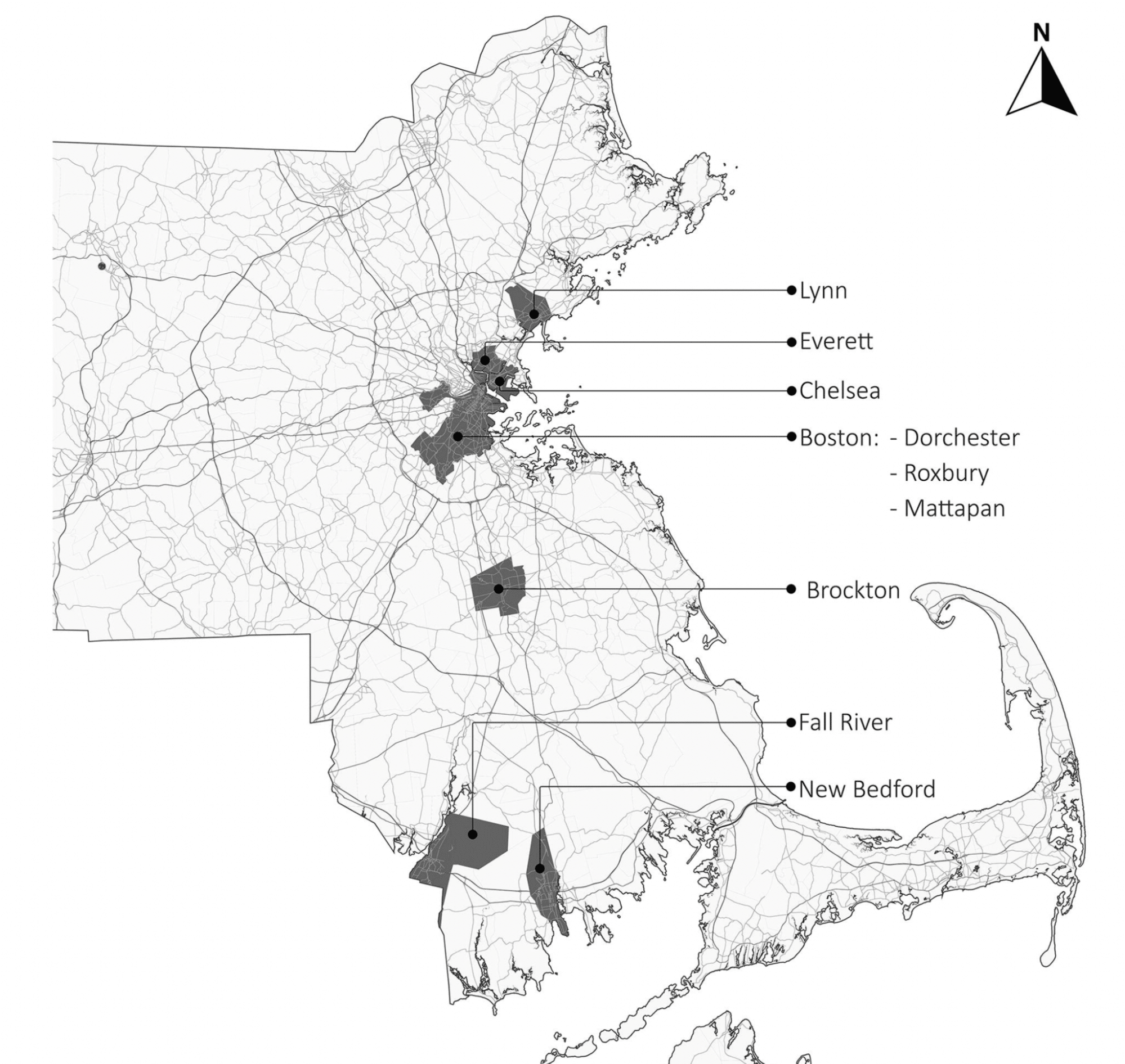 State of Massachusetts displaying the 9 communities